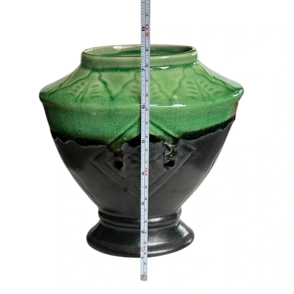 Vintage Art Deco Green & Black Drip Ceramic Vase Collectible Vietnam